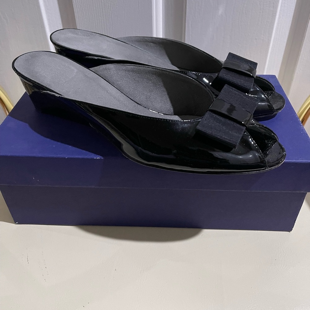 Stuart Weitzman Candy Black Patent Leather Mules, Sz 10